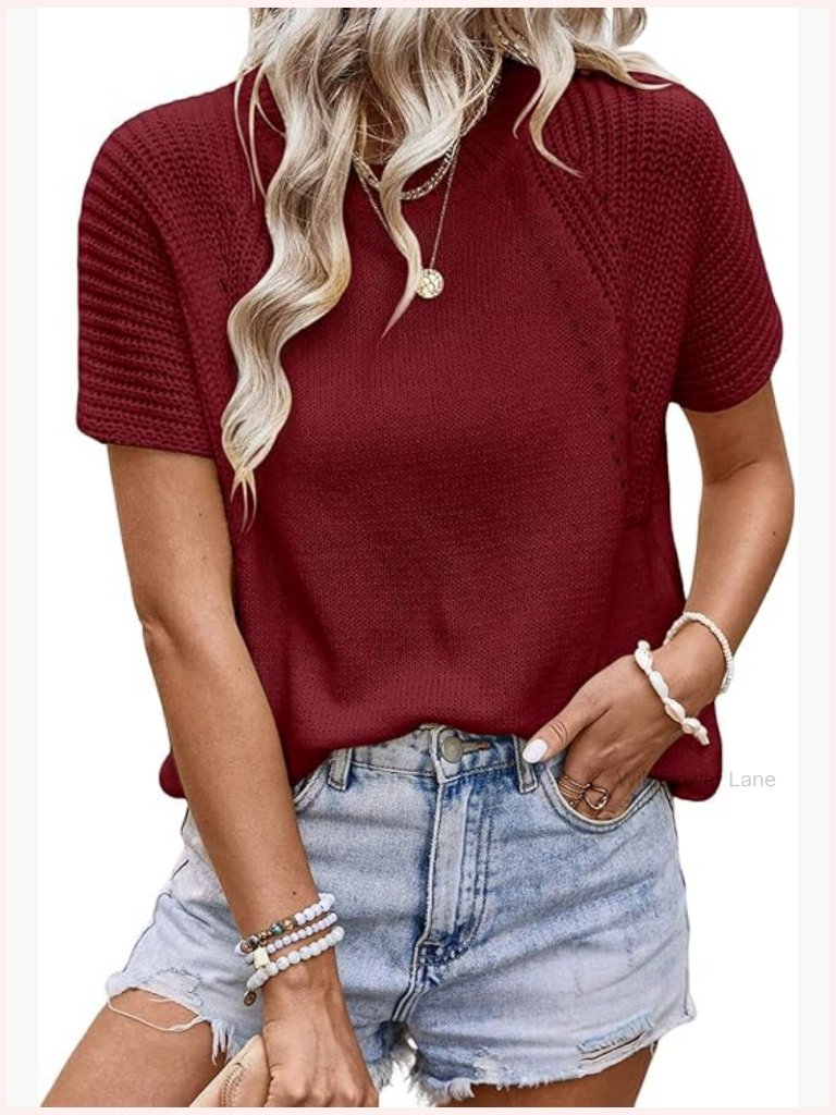Dressy Casual Summer Knit Pullover Sweater Short Sleeve Crewneck Solid Hollow
